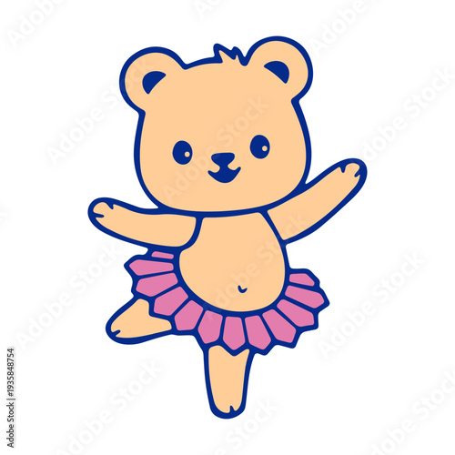 A cute cartoon bear in a pink tutu standing on one leg in a ballet pose