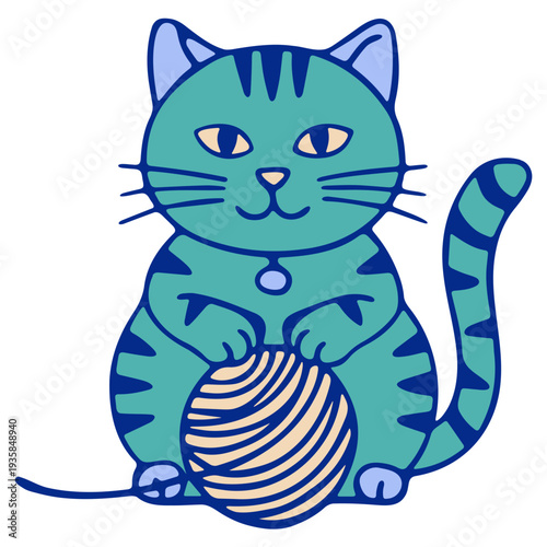 A cute cartoon teal cat playing with a ball of yarn in a minimalist vector illustration