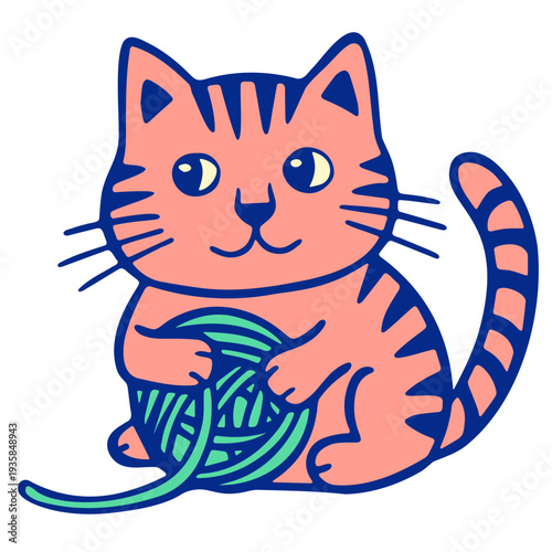 A cute cartoon cat playing with a ball of yarn in a colorful illustration