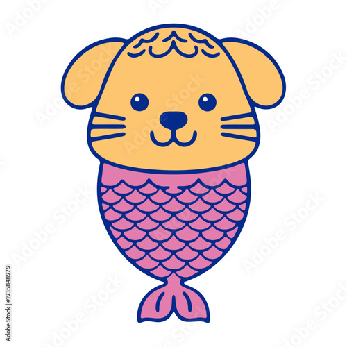 A cute cartoon illustration of a dog with a fish tail