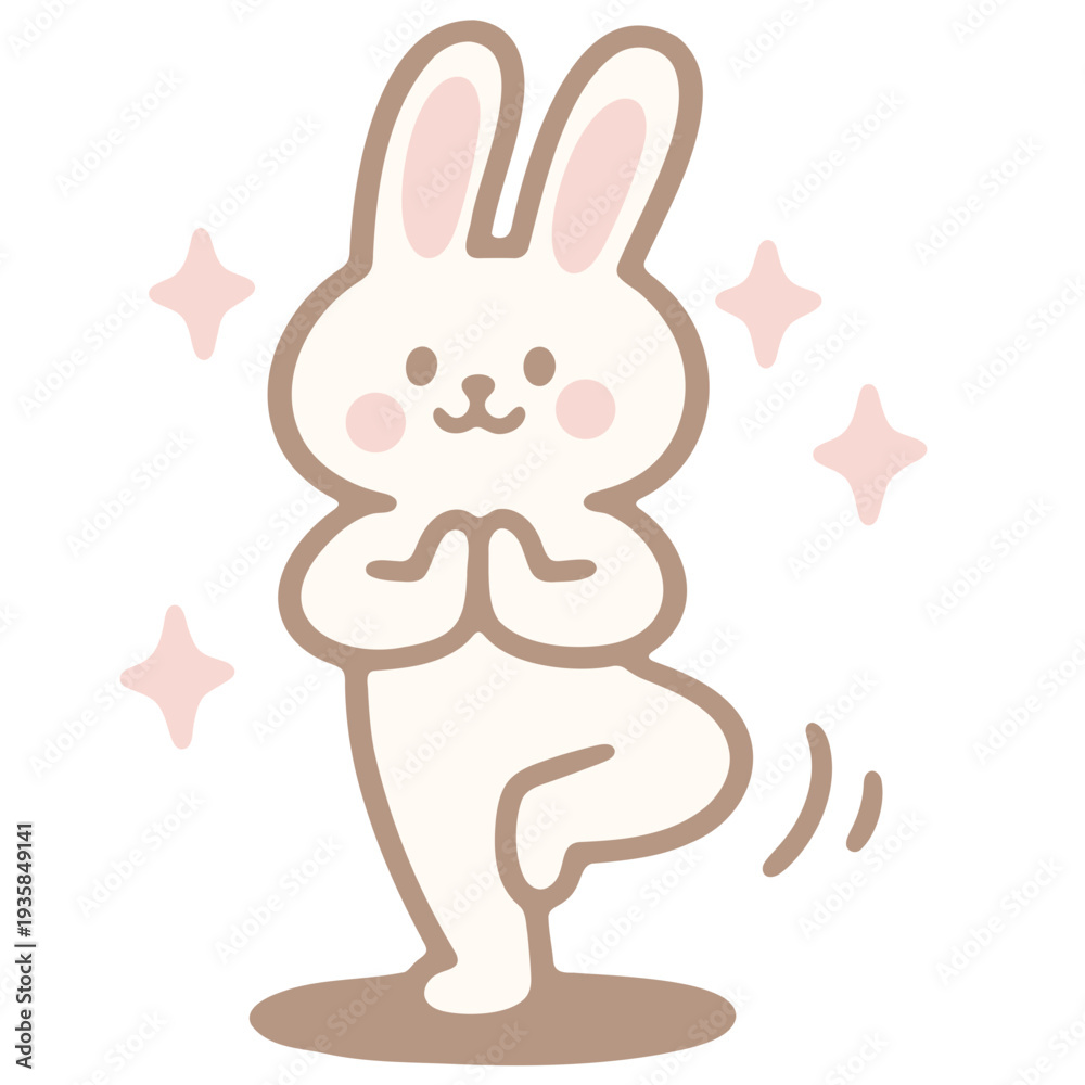 Obraz premium A cute cartoon rabbit in a yoga pose with sparkles around it
