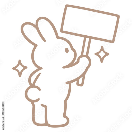 A cute cartoon rabbit holding a blank sign in a minimalist line art style