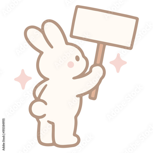 A cute cartoon rabbit holding a blank sign with sparkles around it