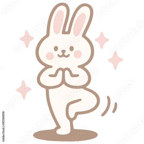 A cute cartoon rabbit in a yoga pose with sparkles around it