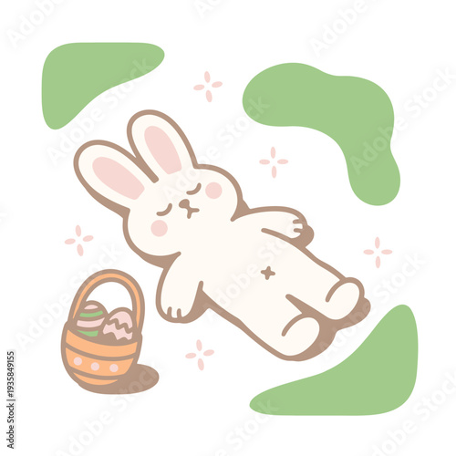 A cute cartoon bunny lying down with a basket of eggs in a playful vector illustration
