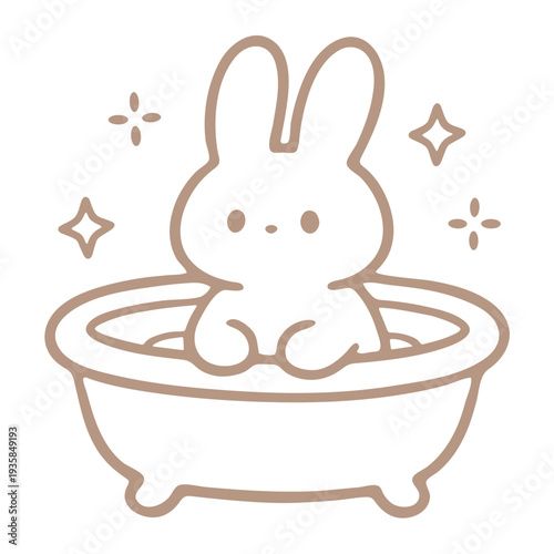A cute cartoon bunny taking a relaxing bath in a bathtub with sparkles around it