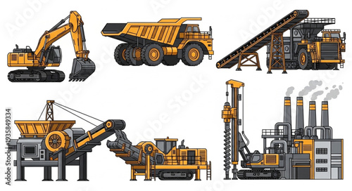 Collection of heavy mining and construction equipment illustrations.