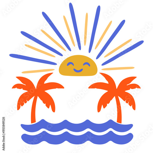 A colorful vector graphic illustration of a smiling sun with palm trees and ocean waves