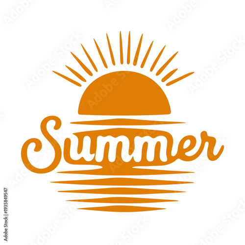 A vibrant orange vector graphic illustration of a summer sun with the word Summer written in cursive font