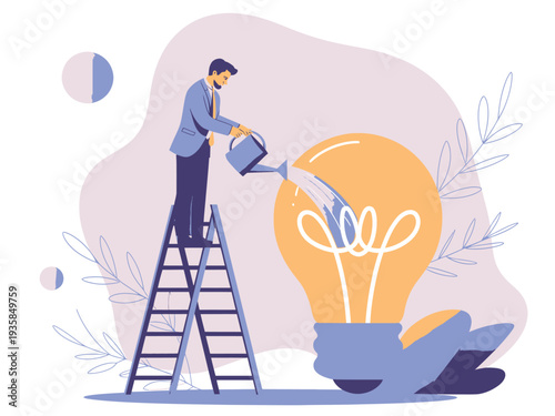 Man on ladder watering light bulb with watering can, symbolizing idea generation, innovation and nurturing creativity in business.