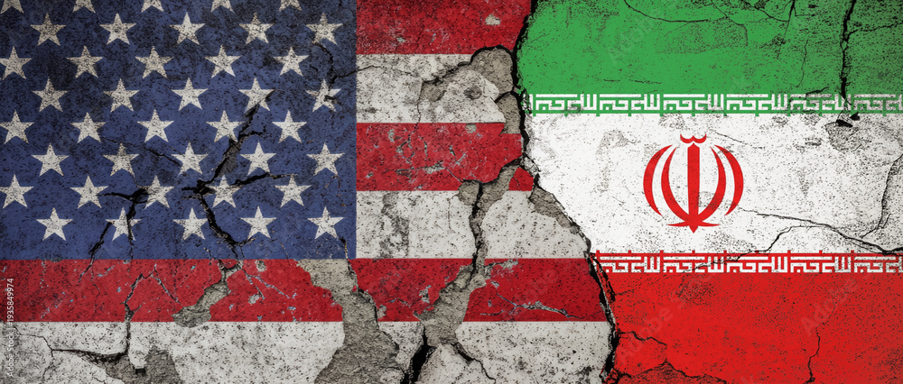 Obraz premium american and iranian flags on the background of cracked concrete