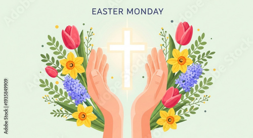 Easter monday celebration with hands cross and spring flowers