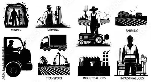 Collection of Industrial and Agricultural Job Silhouettes.
