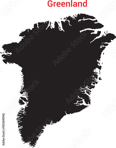Black silhouette map of greenland with red text