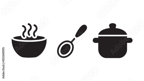 Black Silhouettes Of Bowl, Ladle And Pot On White Background For Cooking Concepts
