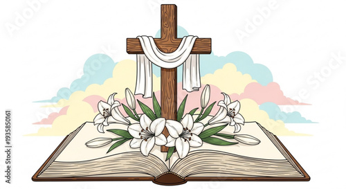 Christian cross with white lilies on open holy bible with colorful clouds