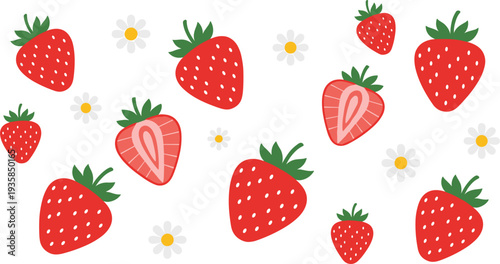 Strawberry Pattern with Flowers Featuring Fresh Whole and Sliced Strawberries for Summer Fruit Background, Organic Food Packaging, Dessert Design and Cute Botanical Illustration