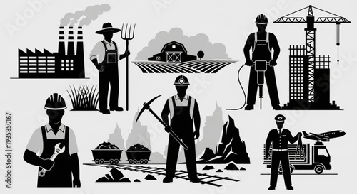 Collection of industrial and agricultural workers in silhouette.