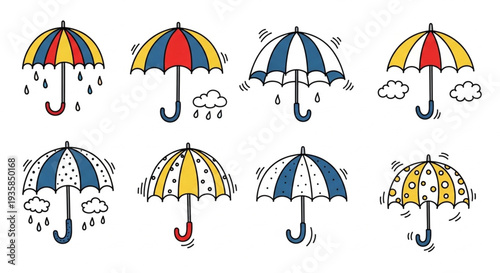 Collection of Colorful Doodle Umbrellas with Raindrops and Clouds.