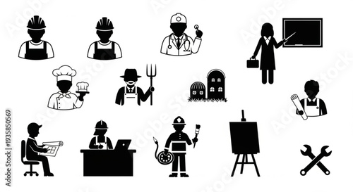 Collection of diverse professional occupation icons for business and industry.