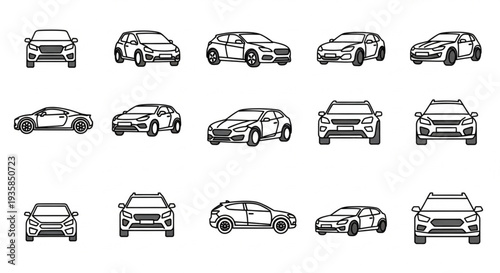 Collection of Car Icons in Various Styles and Perspectives.