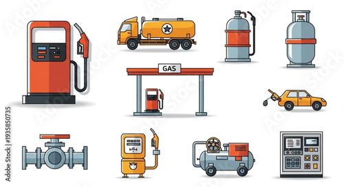 Collection of gasoline and fuel related icons and illustrations.