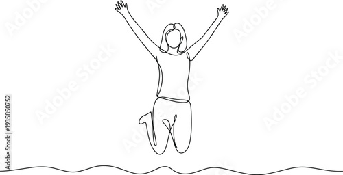 Energetic young person with short hair jumps high with arms raised in a celebration of joy