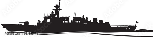 Warship silhouette, vector line art illustration. naval destroyer ship on water