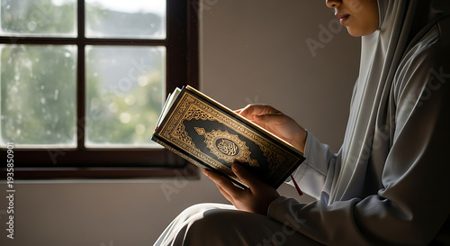 A devout Muslim woman, dressed in a modest hijab, sits by a sunlit window, deeply engrossed in reading the holy Quran, embodying reflection and spiritual devotion during a quiet moment.