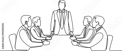 Five men in business suits participate in a formal meeting with one person standing