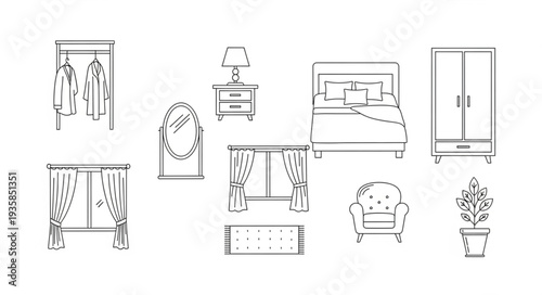 Collection of Hand Drawn Bedroom Furniture and Decor Elements.