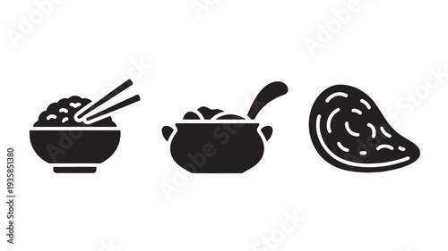 Black Silhouettes Of Asian Food Icons Including Rice Bowl With Chopsticks, Soup Pot, And Steak On White Background For Culinary Concepts