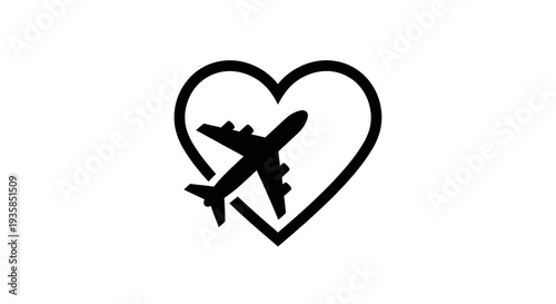 Simple black airplane silhouette inside a heart shape.