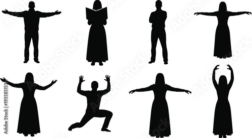 People silhouette collection showing different standing poses including reading stretching dancing and open arms gestures, human body language concept isolated on white background
