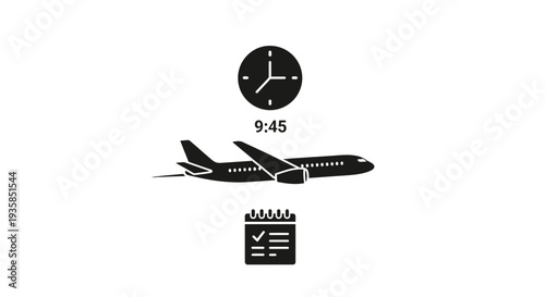 Airplane flying with clock and calendar icons.