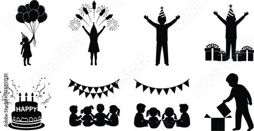 Children birthday party silhouette collection with kids holding balloons celebrating with cake gifts and decorations, festive celebration concept isolated on white background