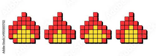 Pixel fire icon set. 3d flame in pixel art style, retro gaming icon. Hot content and popular hit, digital fire shape, game bonfire, pixel flame for computer arcade. Vector set