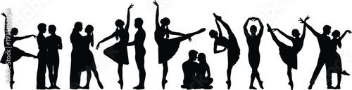 Dance and ballet silhouettes collection with dancers performing elegant poses couple dance ballet positions and artistic movement isolated on white background for design
