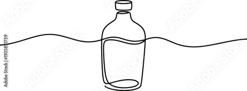 Fluid continuous line artwork showing a sealed bottle with liquid and a wavy line