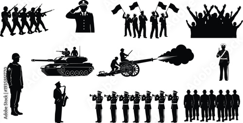 Military silhouettes collection with soldiers marching tank artillery cannon officer salute protest crowd and army formation isolated on white background for war defense concepts