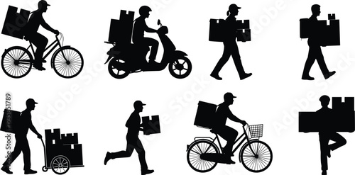 Delivery worker silhouette collection showing courier transportation methods including bicycle scooter walking and carrying packages, logistics service concept isolated on white background