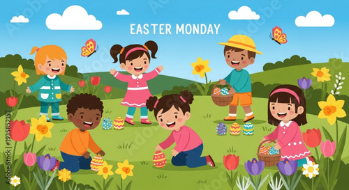Children celebrating easter monday with easter eggs and flowers in a green field