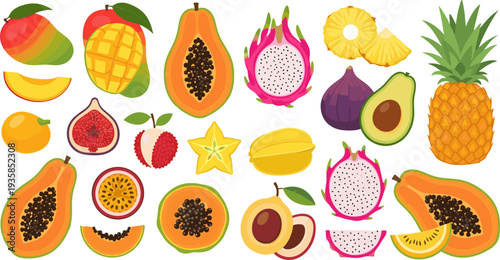 Tropical Fruit Icon Set Featuring Mango, Papaya, Dragon Fruit, Pineapple, Avocado, Fig, Passion Fruit and Starfruit for Healthy Food and Exotic Nutrition Design