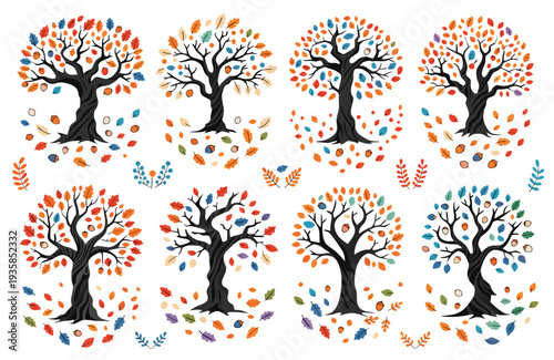 A colorful vector graphic illustration of trees with vibrant leaves in various stages of growth and decay