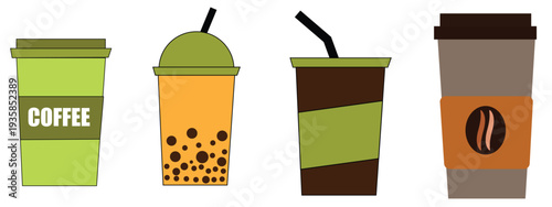 Takeaway Coffee and Bubble Tea Cup Set with Modern Beverage Drink Icons and Cafe Drink Vector Collection