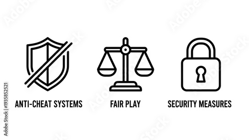 Fair Play and Security Icons: Anti-cheat systems, scales of justice, and security measures icons for game integrity and data protection.