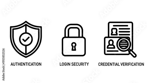 Authentication and Security Icons: Shield with checkmark, login security padlock, and credential verification icons for secure access and identity.