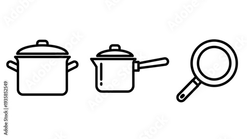 Kitchenware icons: pot with lid, saucepan with lid, and frying pan. Cooking and culinary theme.