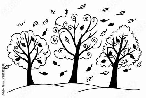 A minimalist vector illustration of three trees with falling leaves on a windy day