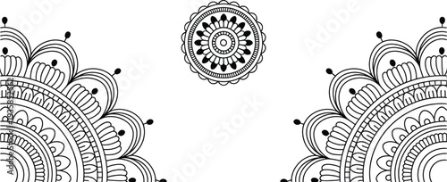 Intricate black and white circular mandala patterns decorate a clean white surface with elegant ethnic motifs